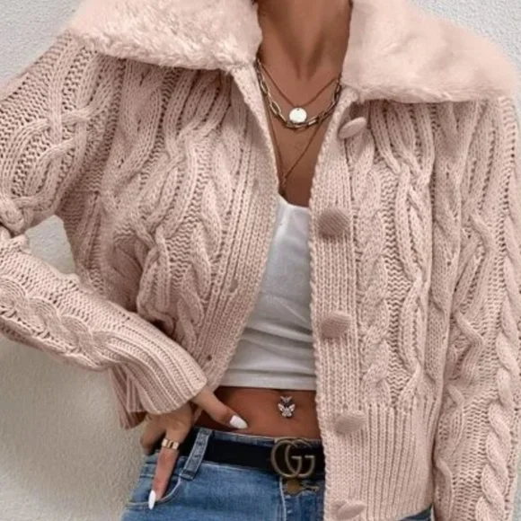 PINK TEDDY COLLAR BUTTON DOWN CABLE KNIT CARDIGAN - Picture 3 of 6